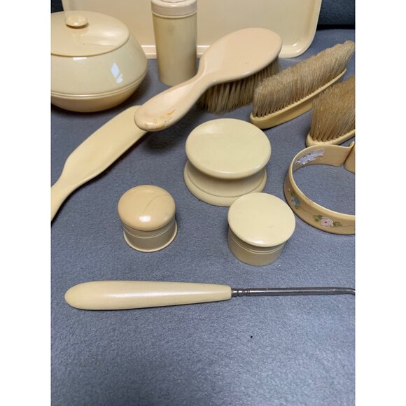 Vintage 13-Piece Ivory Celluloid Vanity Set with Brushes Jars & Tray - Picture 2 of 16